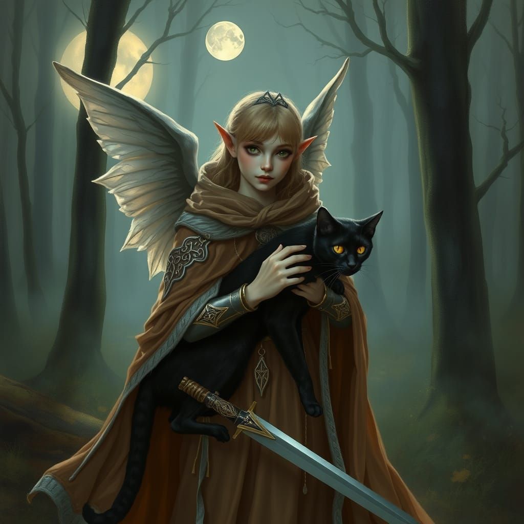 Moonlit Forest Being with Wings and Sword