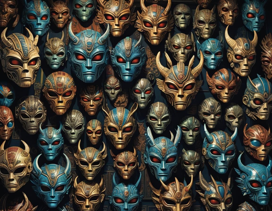 Mystical Alien Kachina Masks in Comic Book Style
