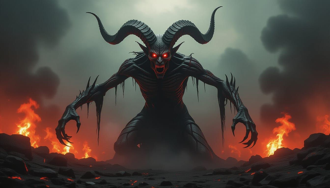 Demonic Figure Emerges from Hellish Landscape