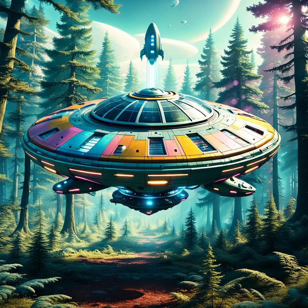 Colorful Spaceship Over Forest in Retrofuturism Style