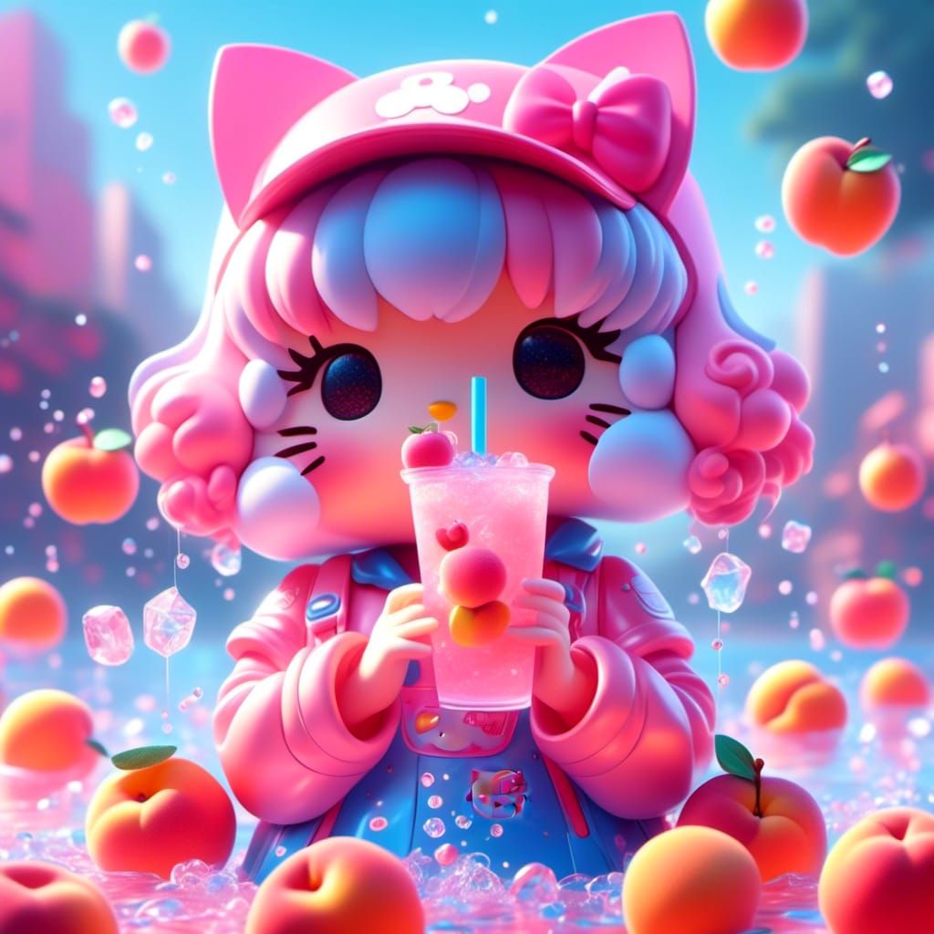 Hello Kitty Peach Boba Drink in Anime Style