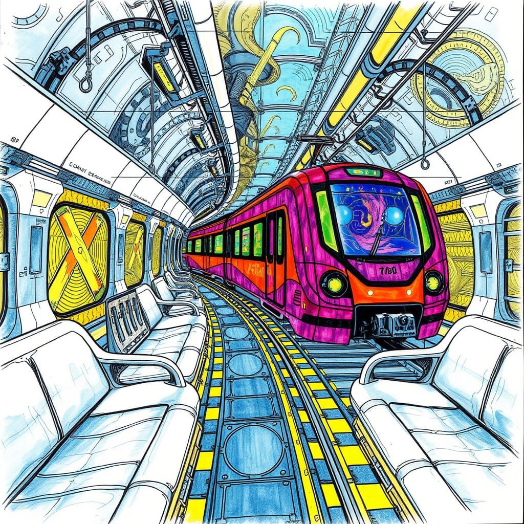 Surreal Neo-Futuristic Train in Cel-Shaded Ink Drawing Style