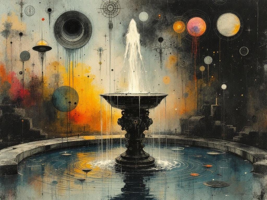 Abstract Fountain with Mythical Elements in Charcoal