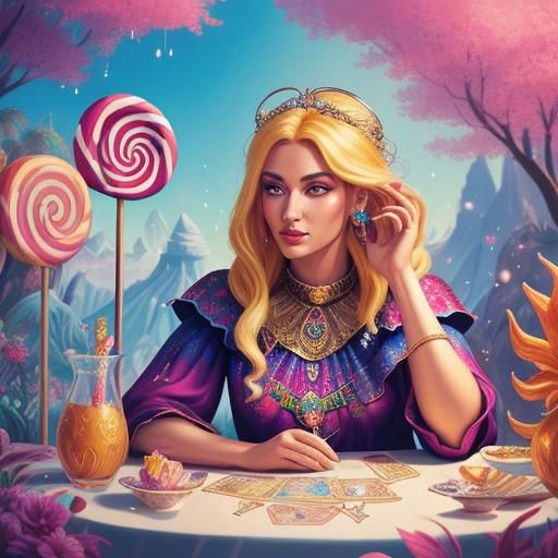 Blonde Fortune Teller with Phoenix in Candy Art Style
