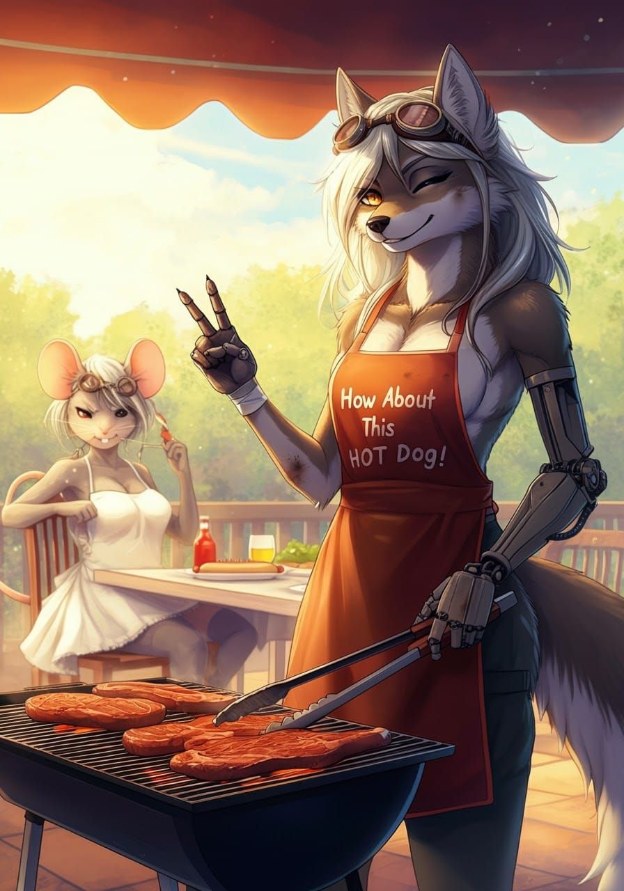 Hyperrealistic Anime Jackal at Sunny BBQ