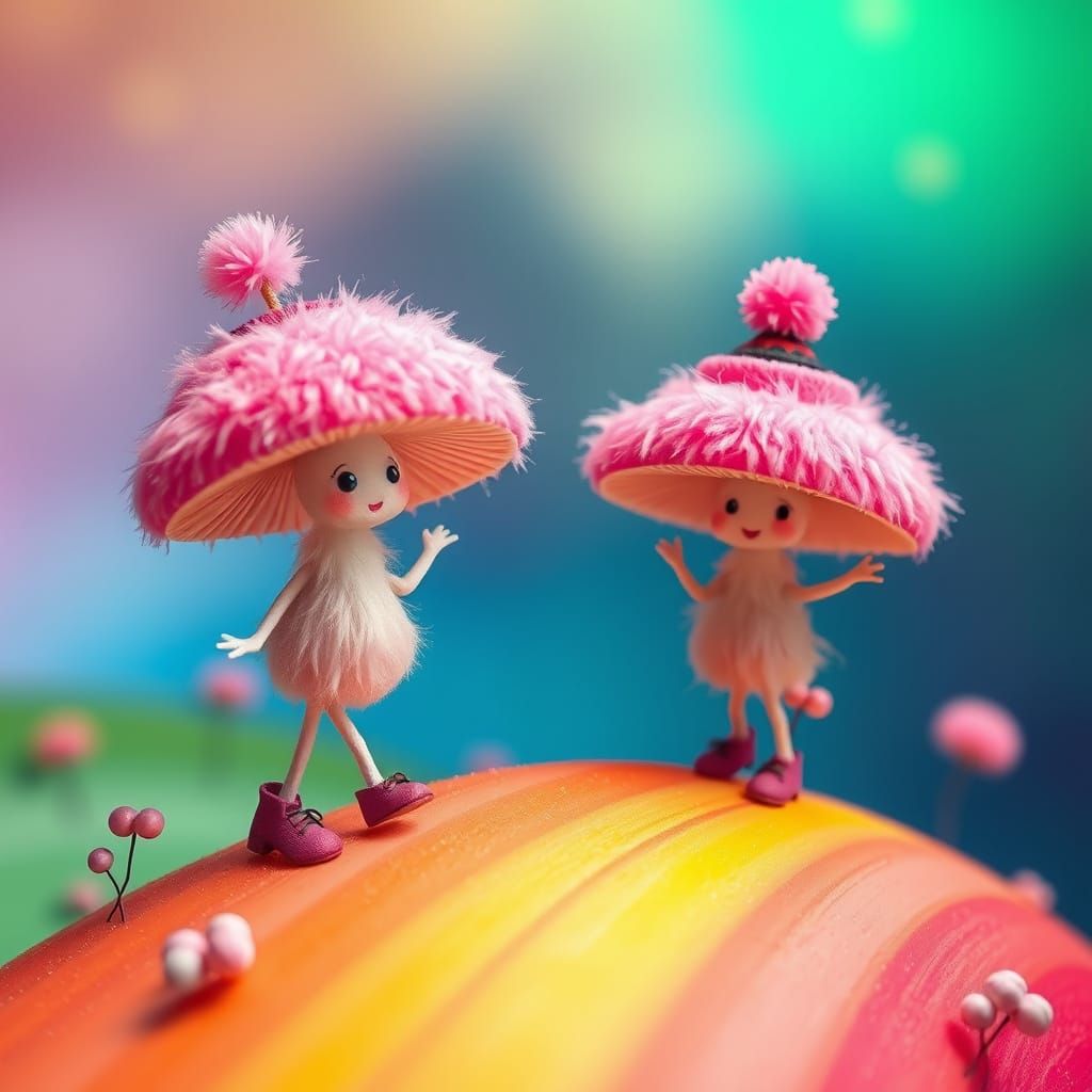 Whimsical Mushroom Dance on Colorful Rainbows