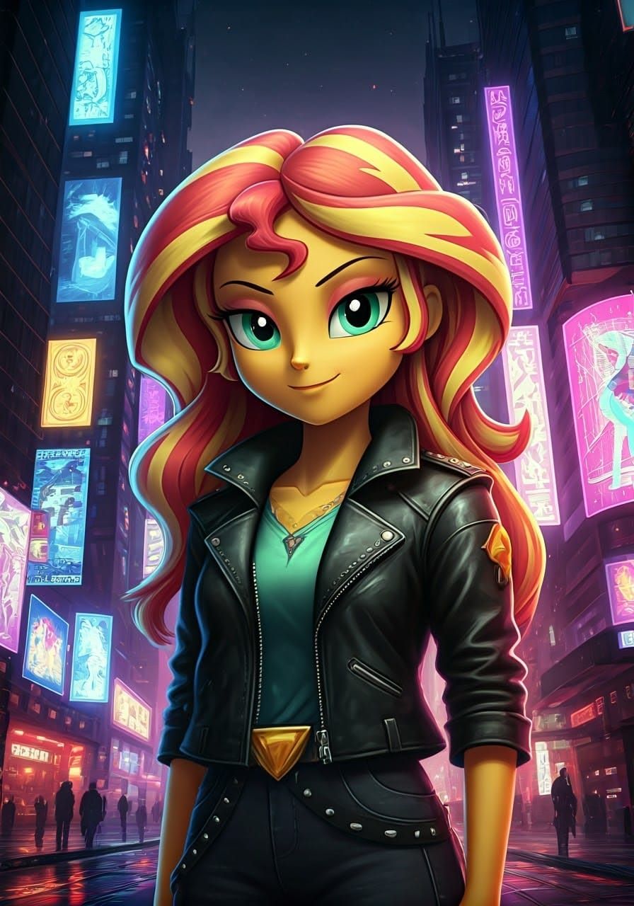 Sunset Shimmer in Cyberpunk Cityscape Concept Art