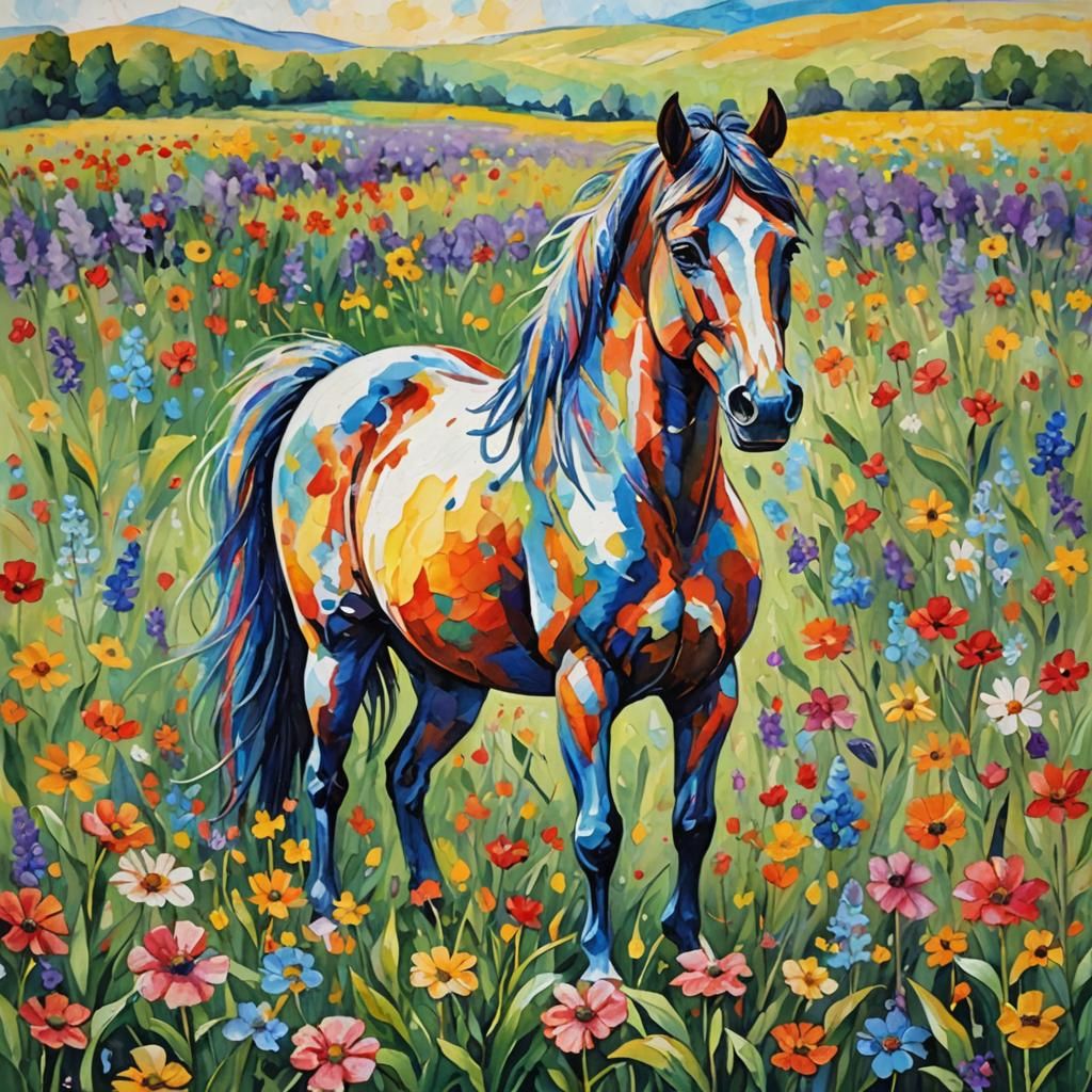 Horse in Flower Field: Expressionist Watercolor Painting