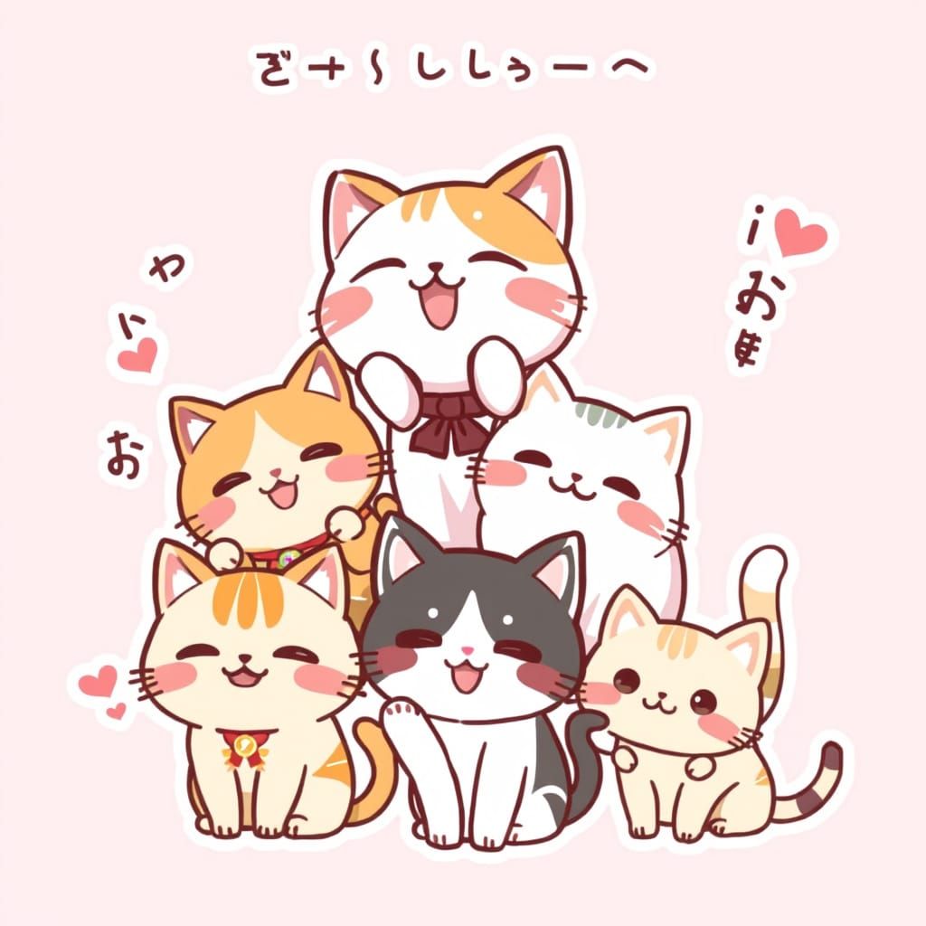 Kawaii Anime Cat Stickers in Vector Style