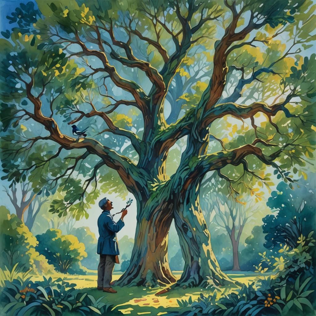 Ethereal Impressionist Painting: Poet Under Ancient Tree