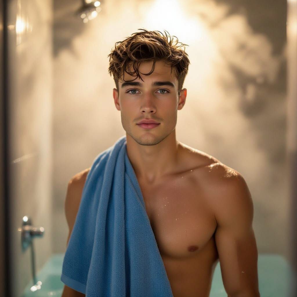 Handsome Man in Steamy Shower, Golden Hour Light