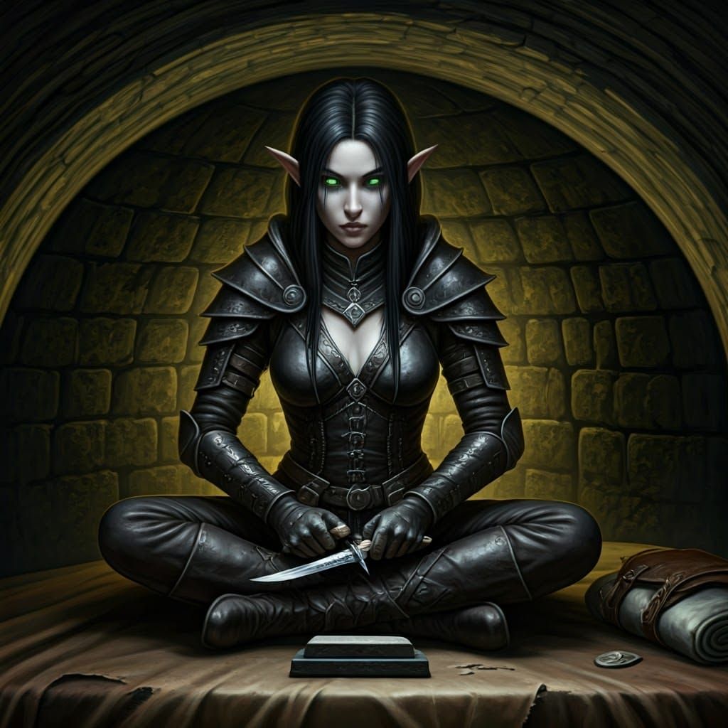 Elven Rogue Sharpening Dagger in Catacomb