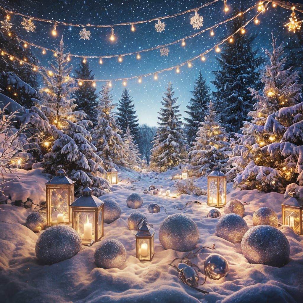 Magical Christmas Snowy Scene with Twinkling Lights
