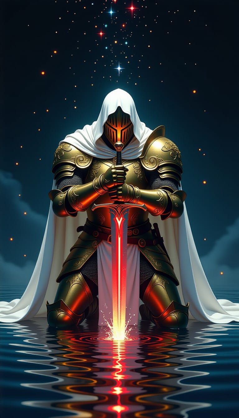 Golden Knight Kneels with Glowing Sword in Fantasy Art Style