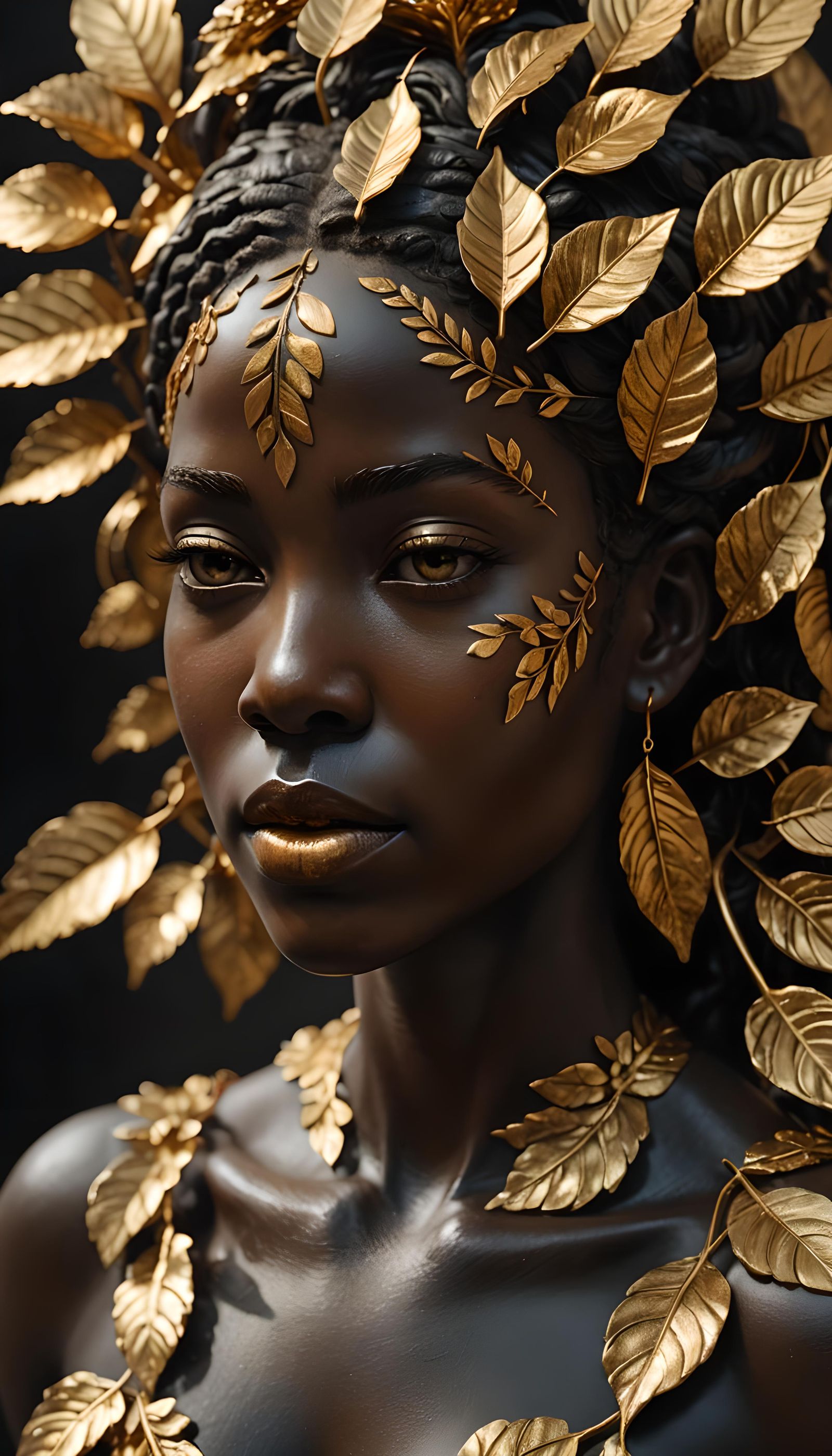 Ebony Woman Sculpture with Golden Leaf Details
