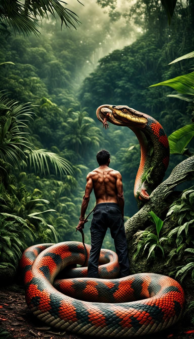 Man Battles Giant Snake in Vivid Jungle