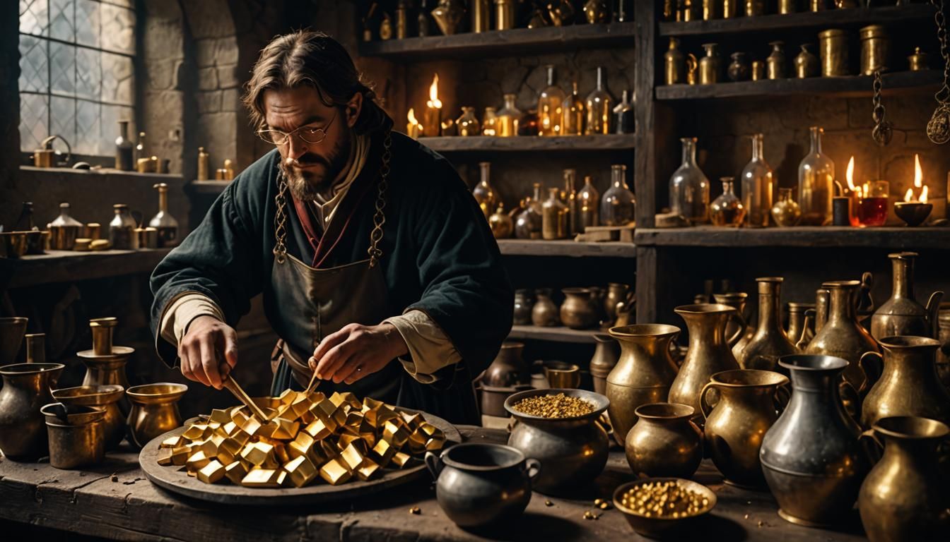 Alchemist in Medieval Lab with Gold, Hyperrealistic 8K
