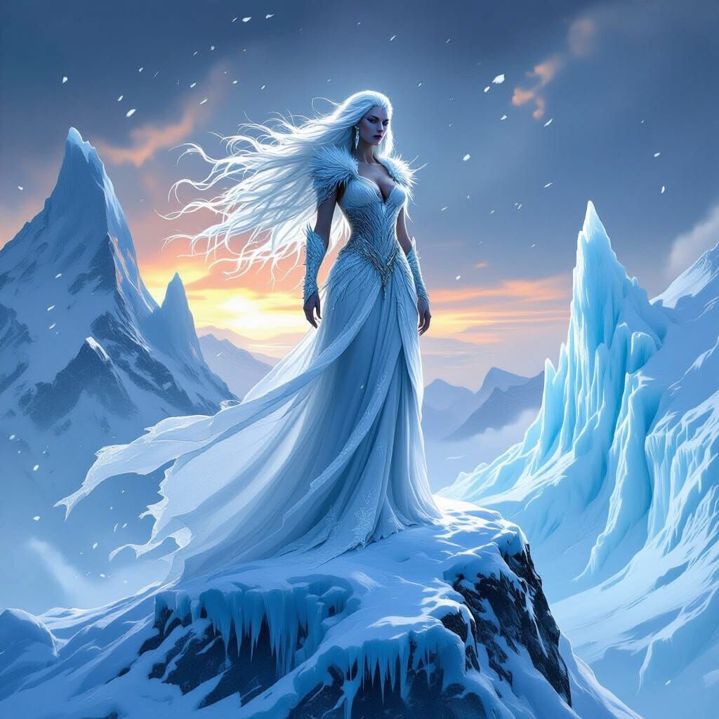 Frost Giantess on Glacial Peak: Dark Fantasy Concept Art