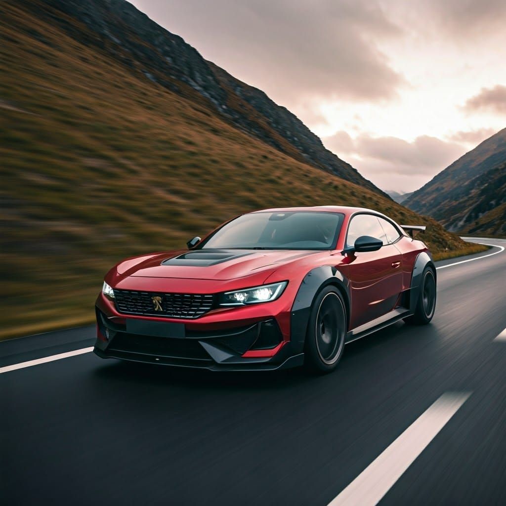 Red Peugeot Muscle Car Concept in Mystic Mountains