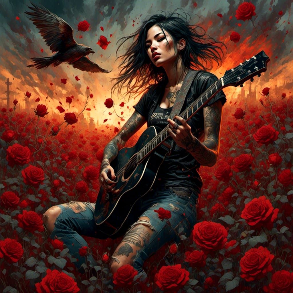 Gothic Guitarist in Roses, Heavy Metal Style