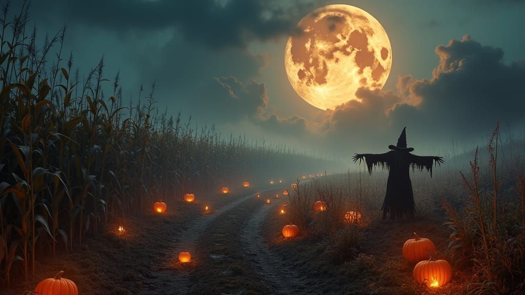 Eerie Halloween Harvest Landscape with Haunted Corn Mazes