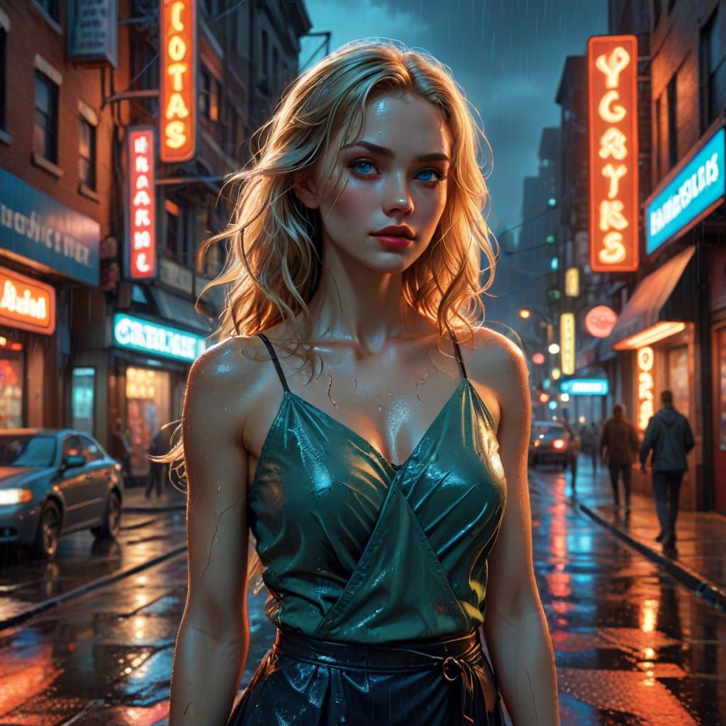 Blonde Woman in City Street at Night, Comic Art