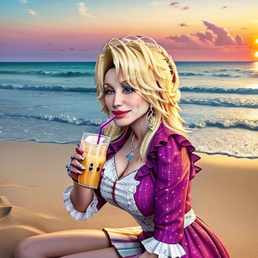 Dolly Parton at Sunset: Hyperrealistic Beach Scene