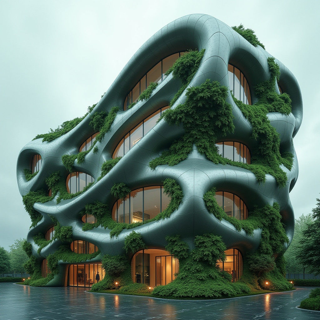 Futuristic Office Building with Green Walls in Sci-Fi Style
