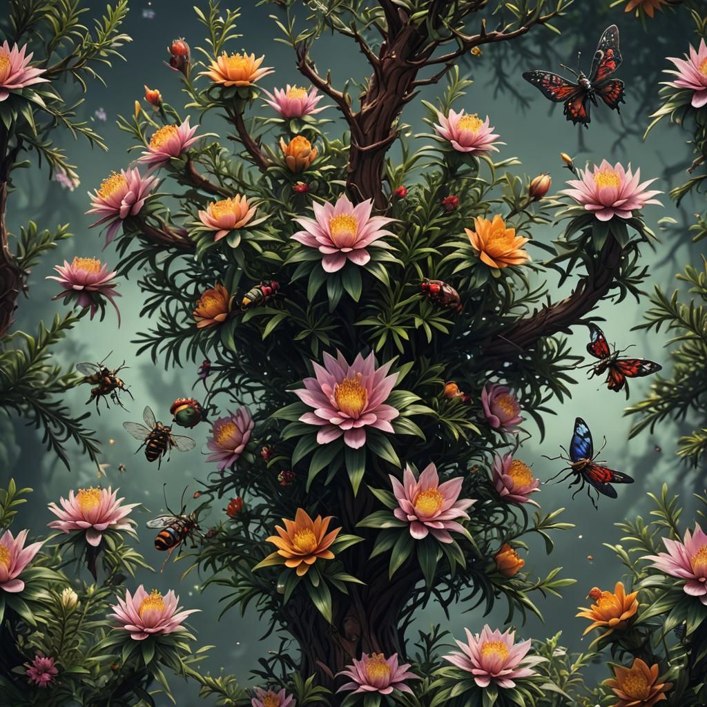 Detailed Matte Painting of Yew Flower and Insect