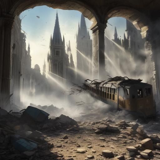 Tram Crash in Cathedral: Hyperrealistic Digital Art