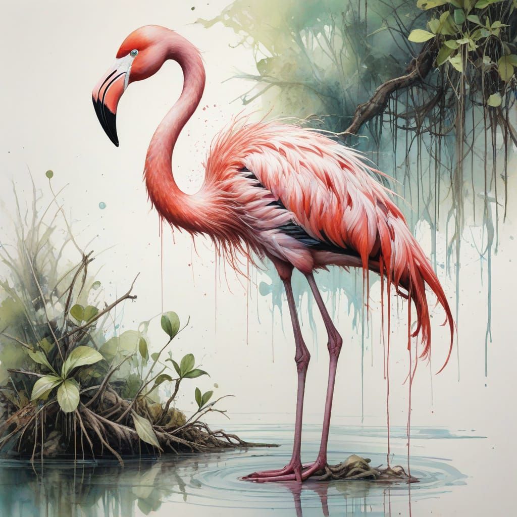 Ethereal Tropical Lagoon with Majestic Flamingo