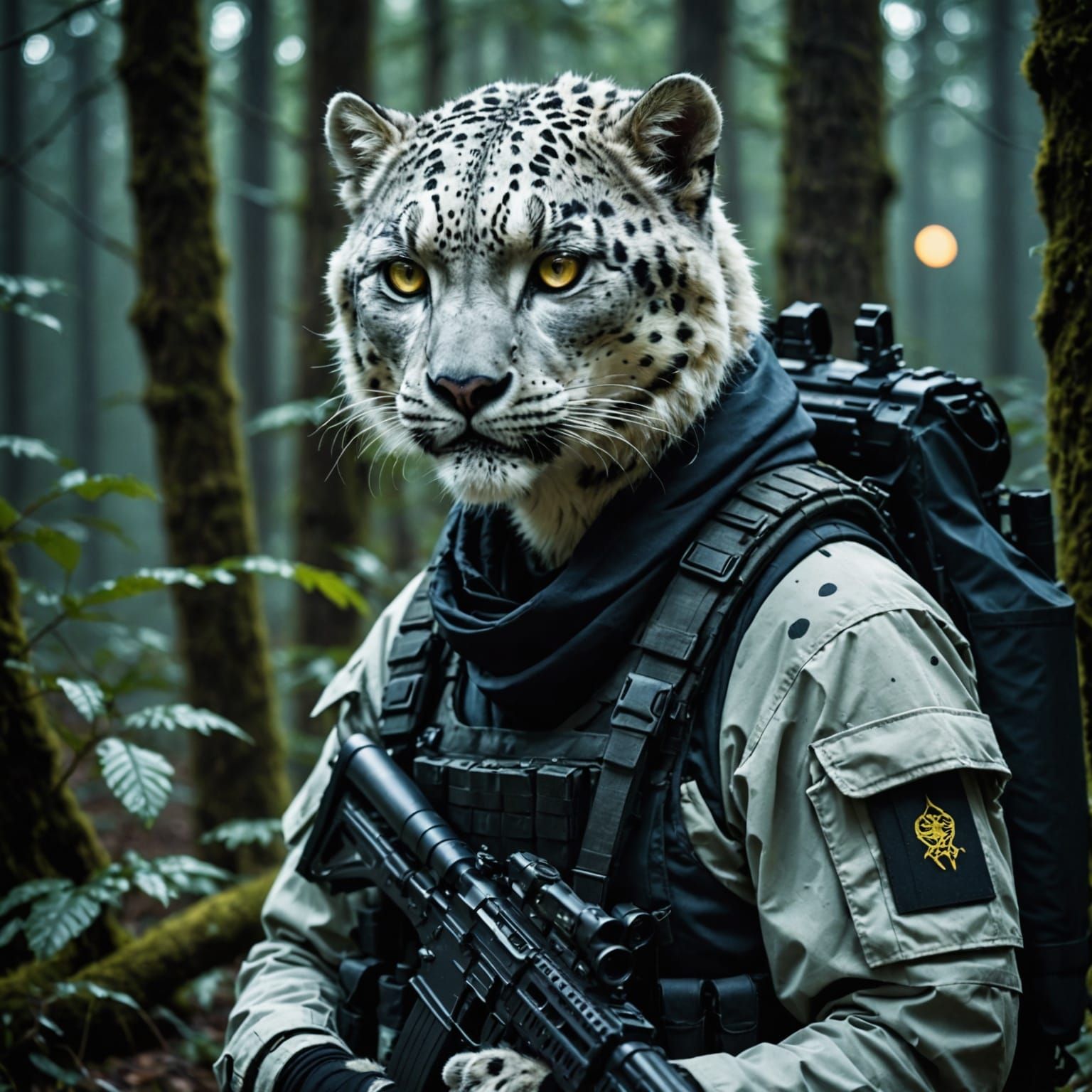 Snow Leopard Vampire Soldier in Amazonian Forest