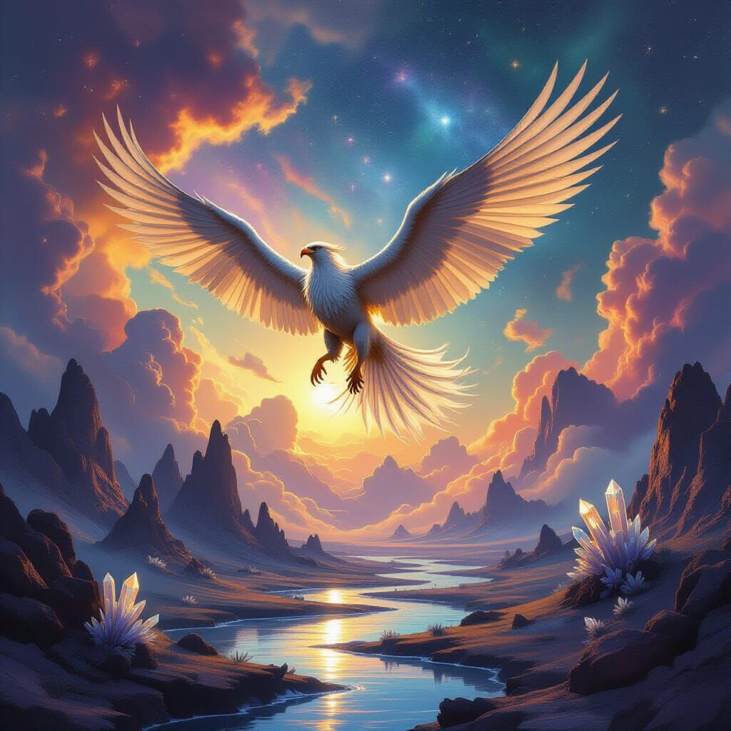 Majestic Griffin Soars Through Cosmic Nebula Sky