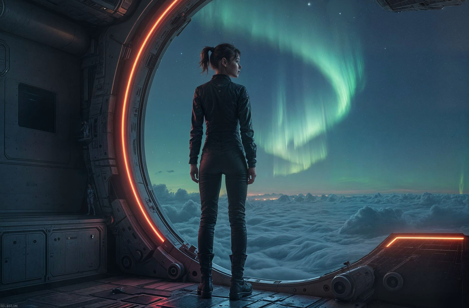 Futuristic Woman Gazing at Aurora from Spaceship