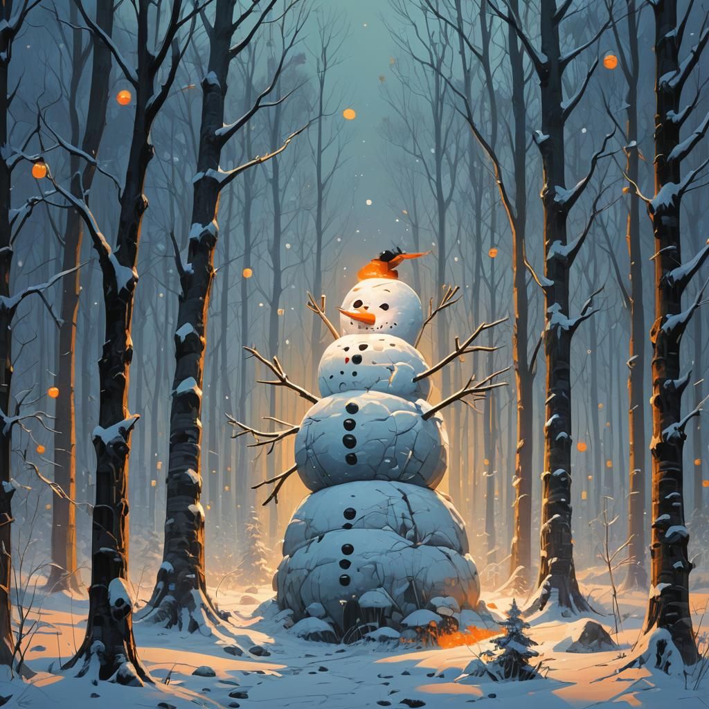 Majestic Snowman in Dreamlike Winter Forest