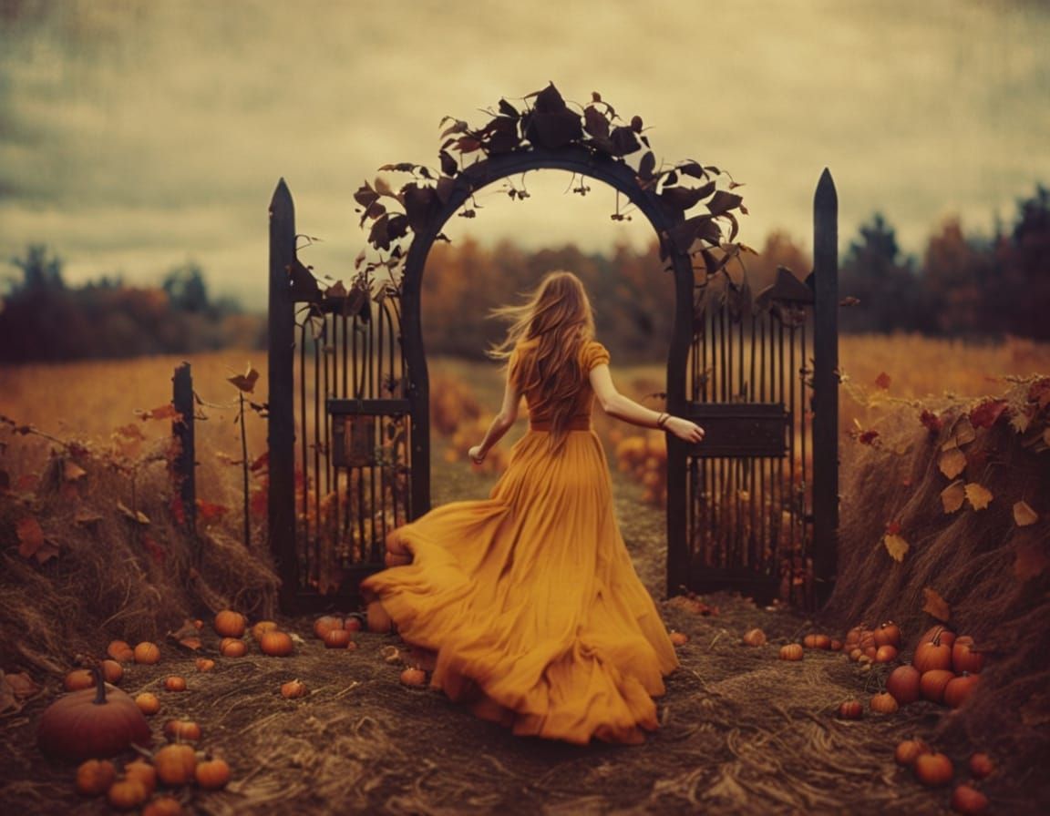 Maiden Running Through Autumn Farm Gates in Lomography Style