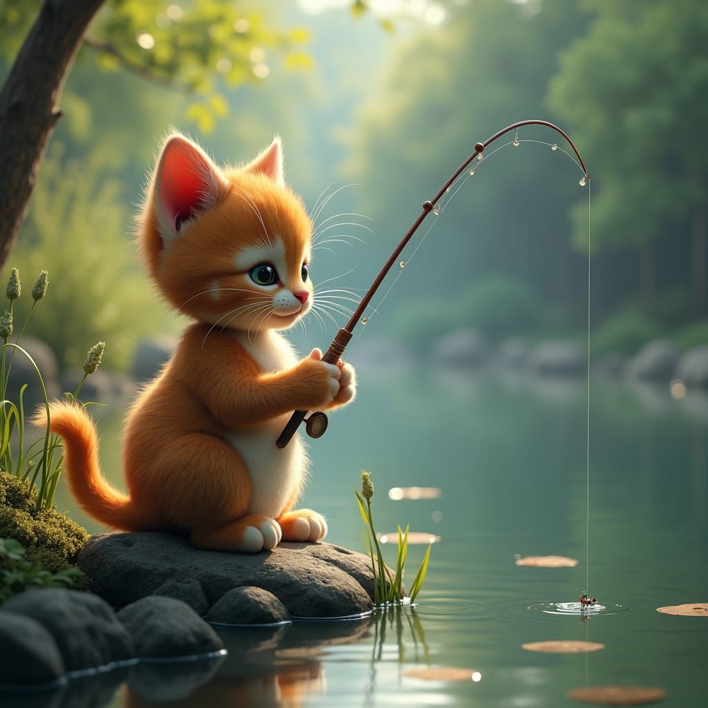 Kitten Fishing in Tranquil Pond: Fantasy Concept Art