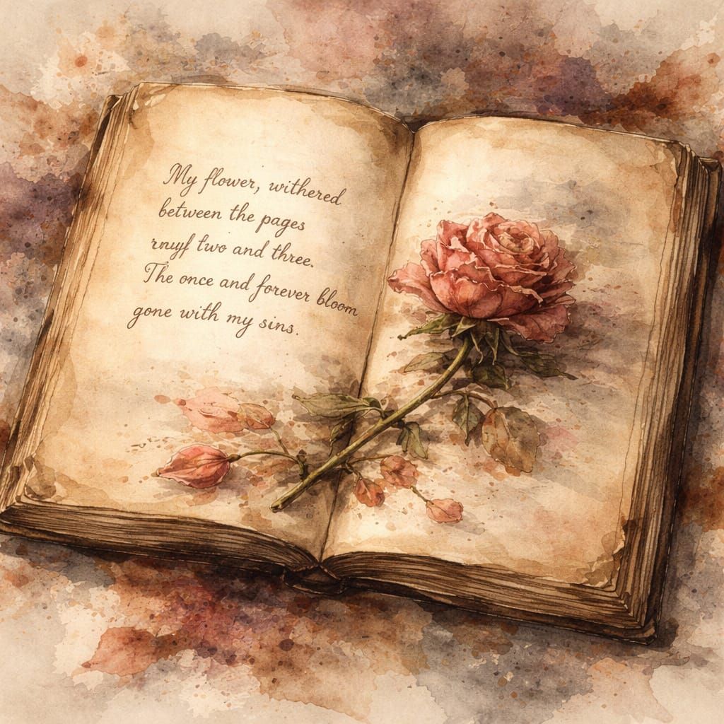 Withered Flower Between Book Pages Watercolor Art