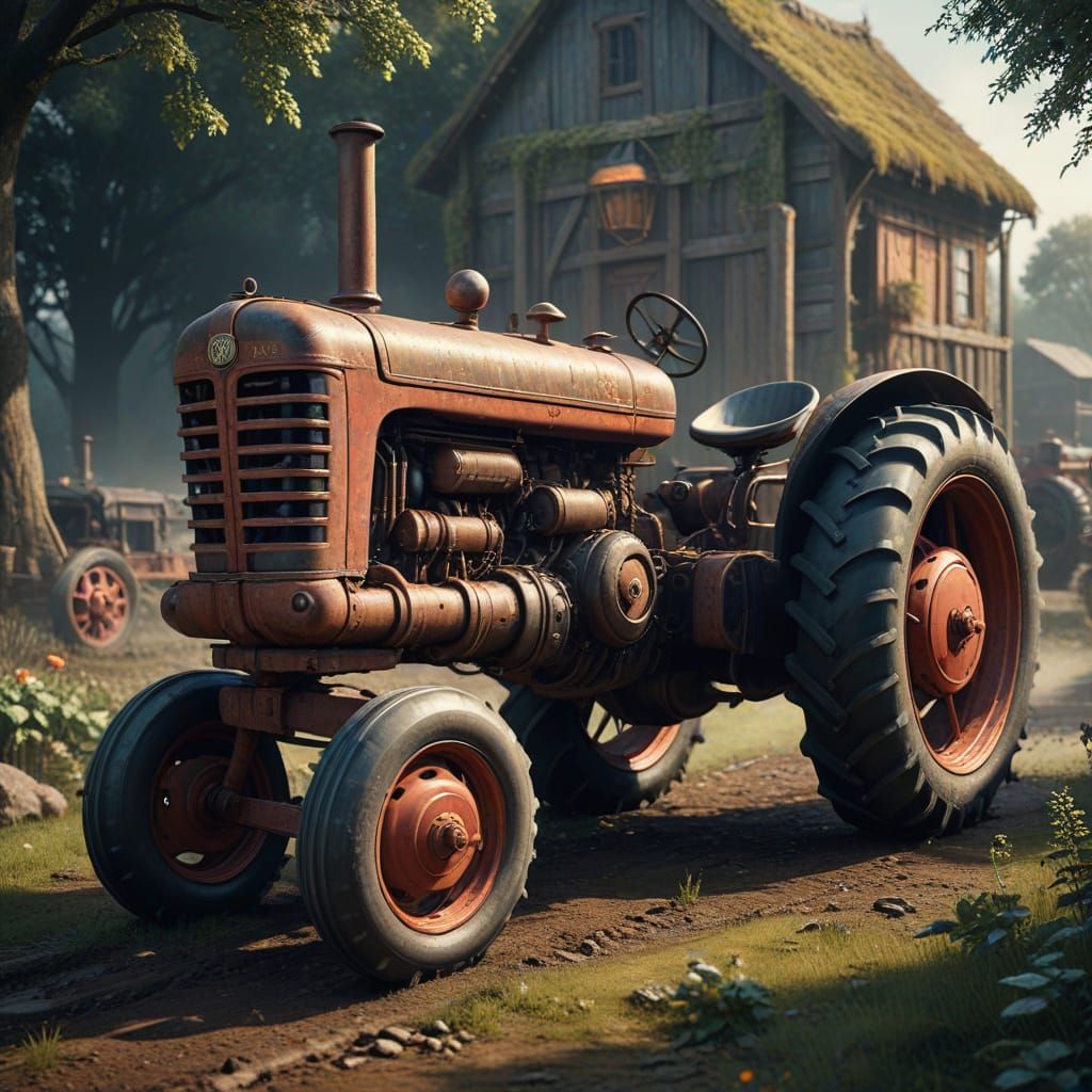 Detailed Matte Painting of Antique Tractors