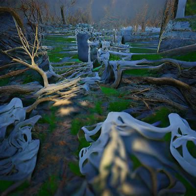 Creepy Graveyard Landscape with Ghosts in 3D