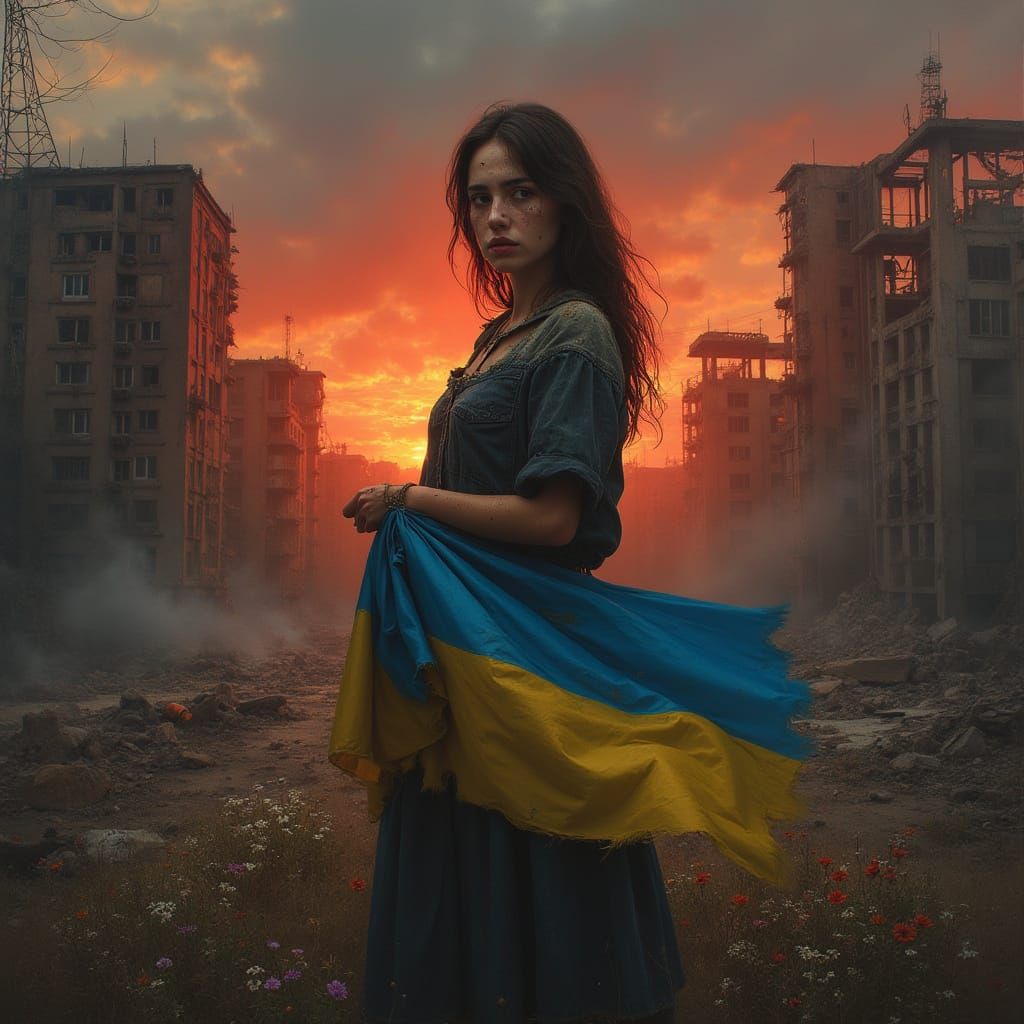 Ukrainian Woman Defies Ruins in Apocalyptic Landscape Painti...