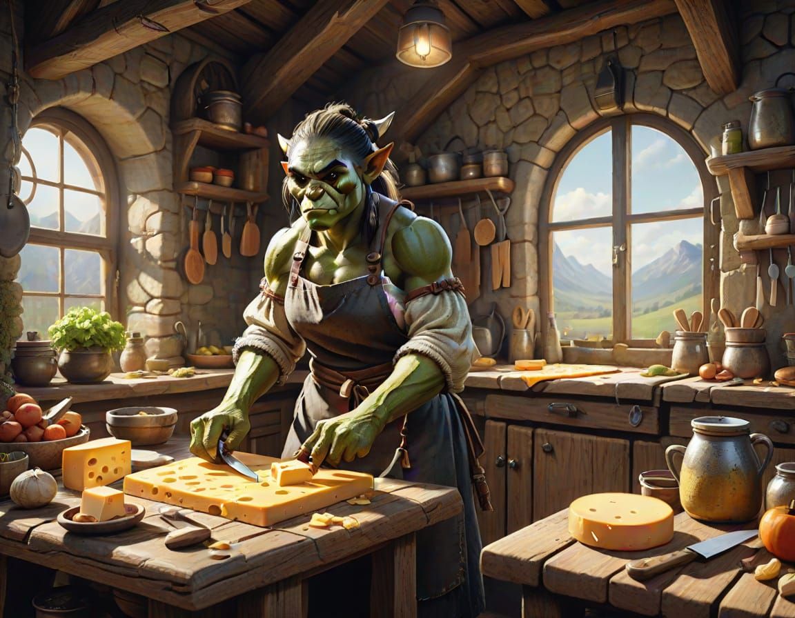 Female Orc Cheesemaker in Whimsical Fantasy Art Style