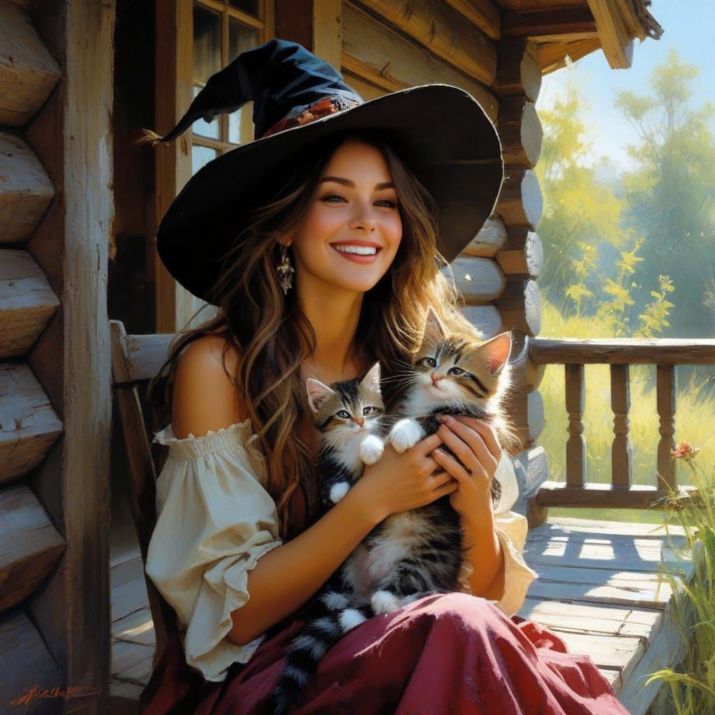 Joyful Witch With Kitten on Rustic Porch Painting