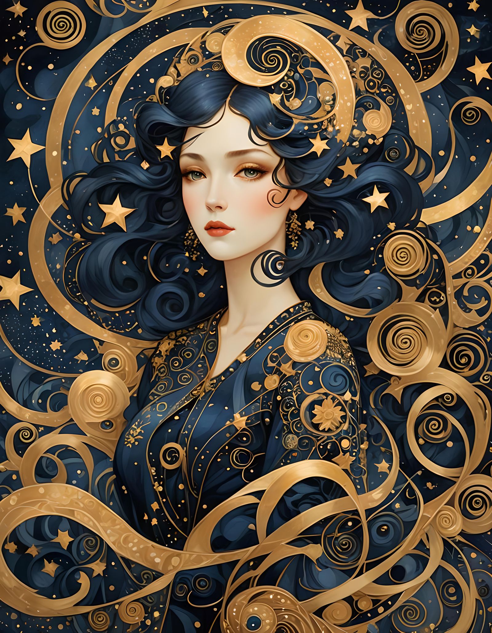 Navy and Gold Portrait with Stars in Art Deco Style