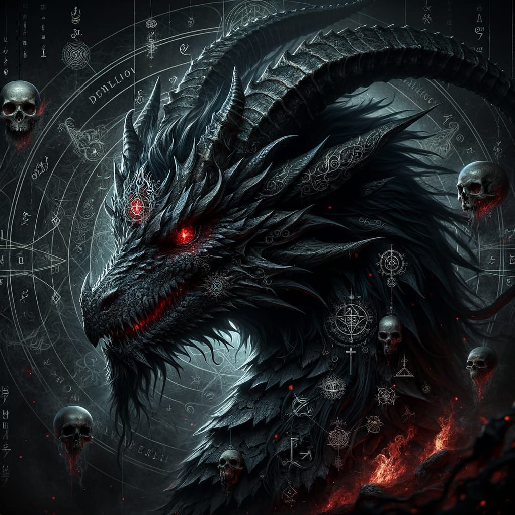 Demon Dragon with Crimson Eyes in Dark Fantasy Style