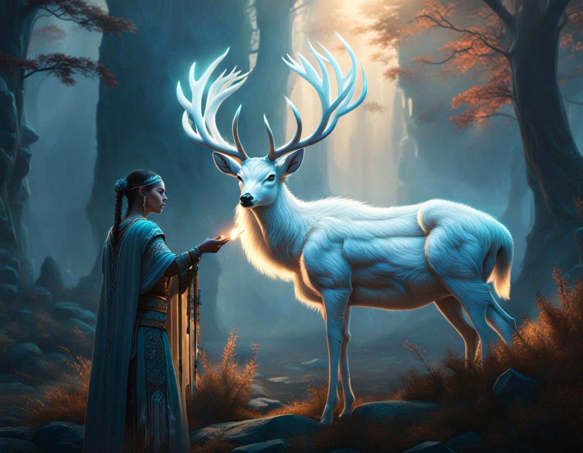 Shaman and Spectral White Deer in Digital Painting