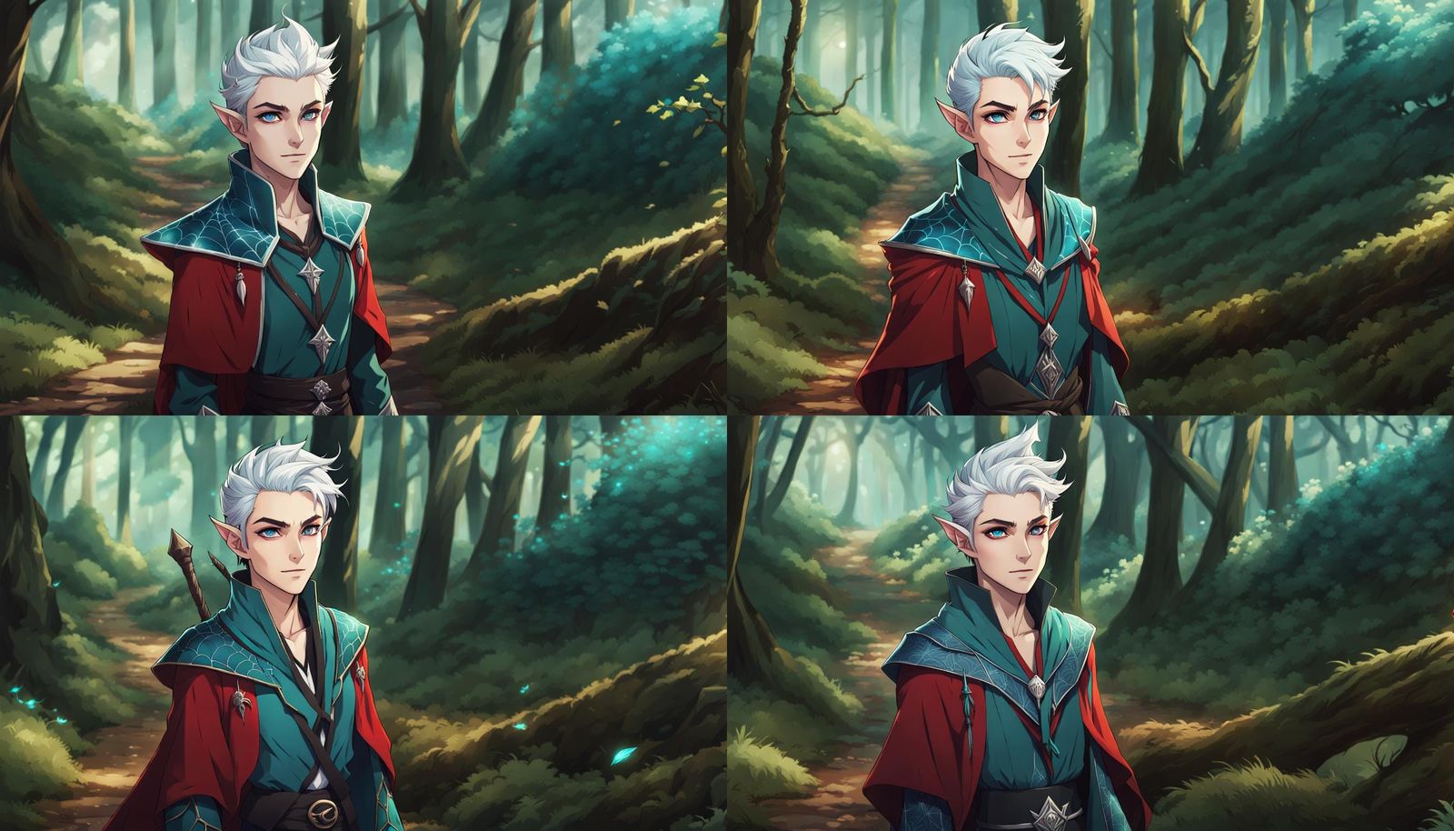 Androgynous Elf Wizard on Forest Road, Detailed Anime