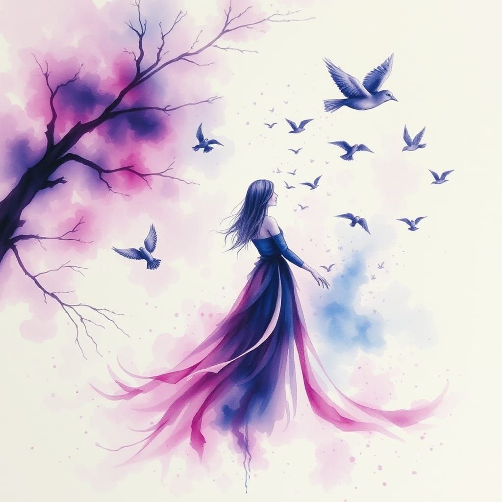 Ethereal Watercolor: Woman and Birds in Fantasy Landscape