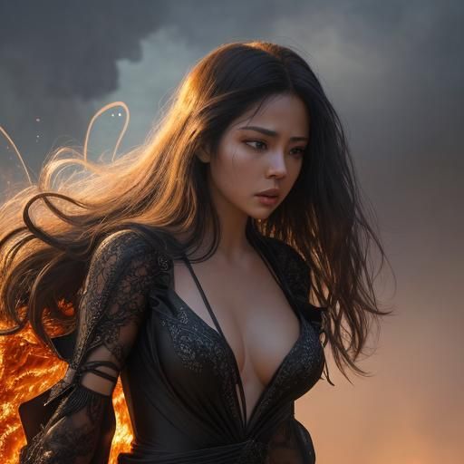 Woman in Spider Web Gown Amidst Fire