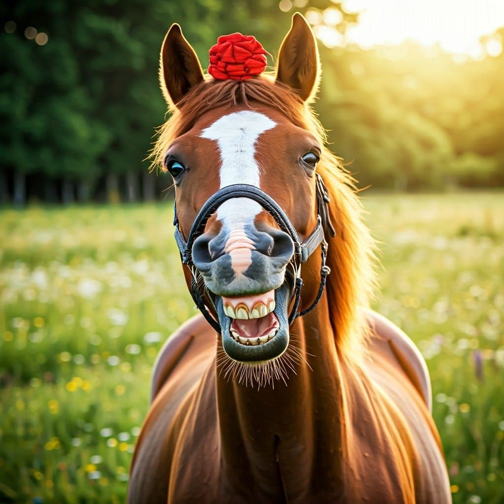 Playful Horse with Grin and Red Ribbon
